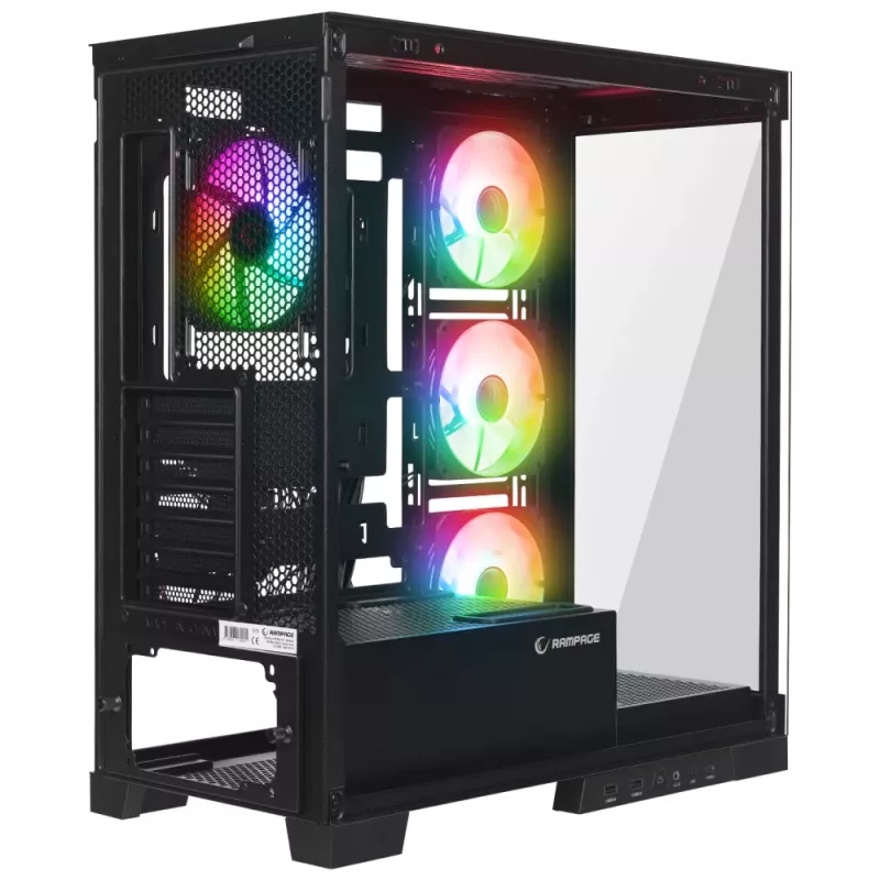 Caja de PC semitorre Rampage Hydra V2 con 4 ventiladores ARGB de 120mm, cristal templado, negra