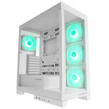 Caja de PC semitorre Rampage Hydra V2 blanca con 4 ventiladores ARGB de 120mm y cristal templado
