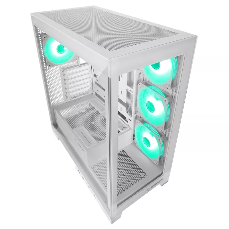 Caja de PC semitorre Rampage Hydra V2 blanca con 4 ventiladores ARGB de 120mm y cristal templado