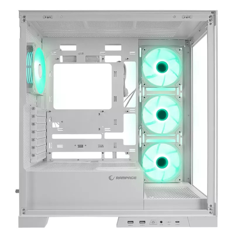 Caja de PC semitorre Rampage Hydra V2 blanca con 4 ventiladores ARGB de 120mm y cristal templado