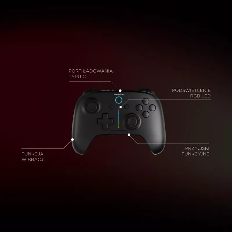 Rampage Hydra Pro Pad mando inalámbrico RGB 2.4G Hall Effect con gatillos magnéticos, negro