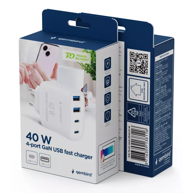 GEMBIRD TA-UC-2A2C-PD40-01-W GaN USB PD Cargador de 4 puertos, 40 W, blanco