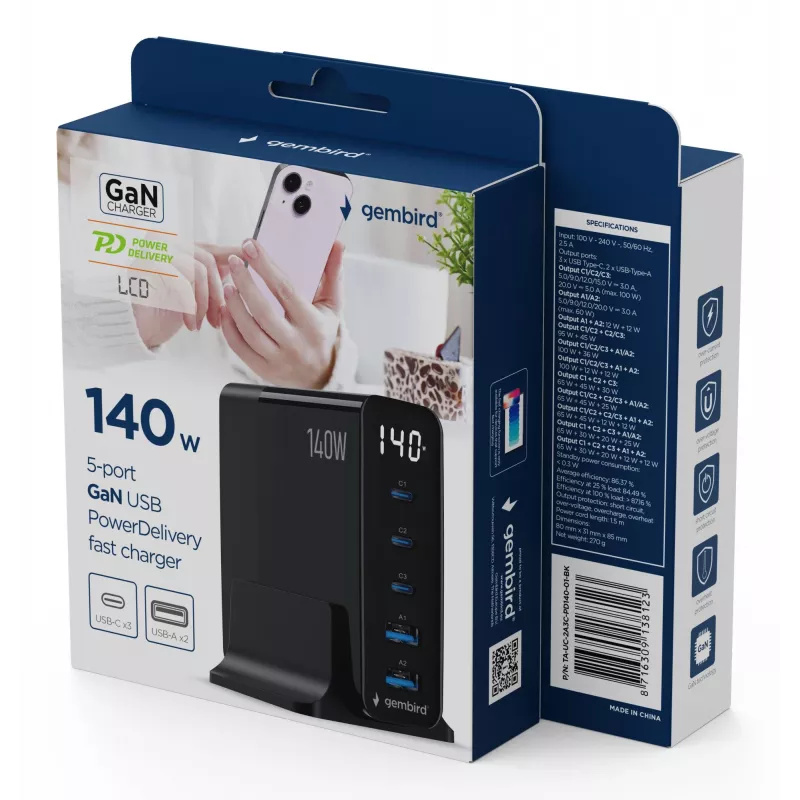 GEMBIRD TA-UC-2A3C-PD140-01-BK GaN Cargador rápido de 5 puertos USB-C & USB-A, 140 W, negro