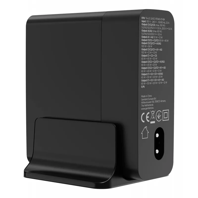 GEMBIRD TA-UC-2A3C-PD140-01-BK GaN Cargador rápido de 5 puertos USB-C & USB-A, 140 W, negro