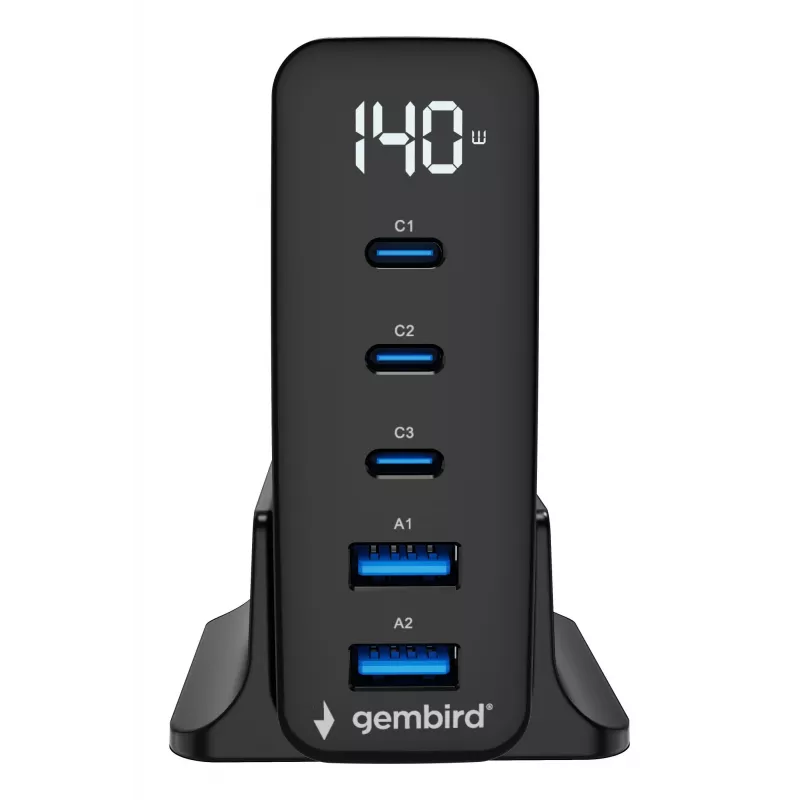 GEMBIRD TA-UC-2A3C-PD140-01-BK GaN Cargador rápido de 5 puertos USB-C & USB-A, 140 W, negro