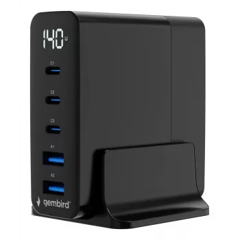 GEMBIRD TA-UC-2A3C-PD140-01-BK cargador rápido GaN de 5 puertos USB-C y USB-A, 140 W, negro