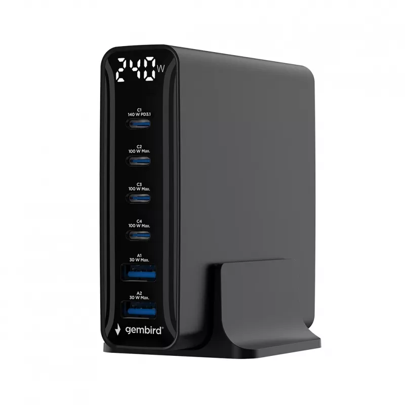 Gembird TA-UC-2A4C-PD240-01-BK cargador USB de 6 puertos 240W GaN negro