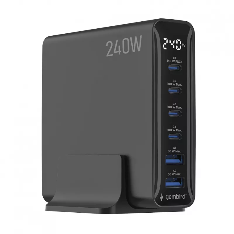 Gembird TA-UC-2A4C-PD240-01-BK cargador USB de 6 puertos 240W GaN negro