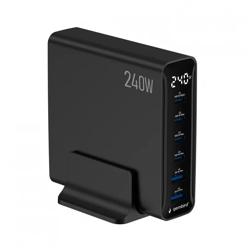 Gembird TA-UC-2A4C-PD240-01-BK cargador USB de 6 puertos 240W GaN negro
