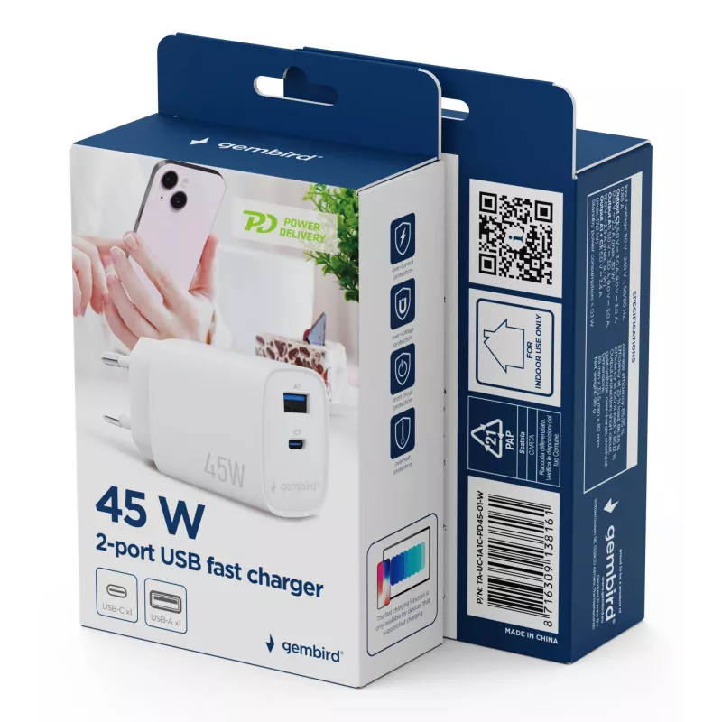 Gembird TA-UC-1A1C-PD45-01-W fuente de alimentación USB-C PD 45W blanca