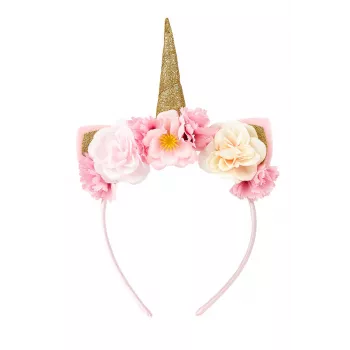 Souza! Diadema de unicornio con flores y cuerno dorado
