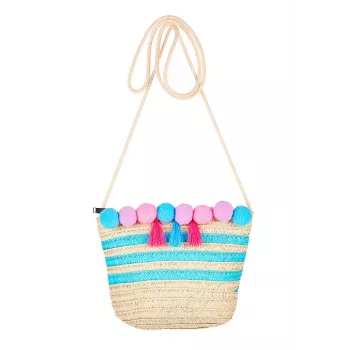 Souza! bolso de mano infantil de paja natural rayas con pompones y flecos Alaia