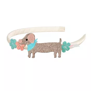 Souza! Diadema con flores de purpurina y perro salchicha Puck