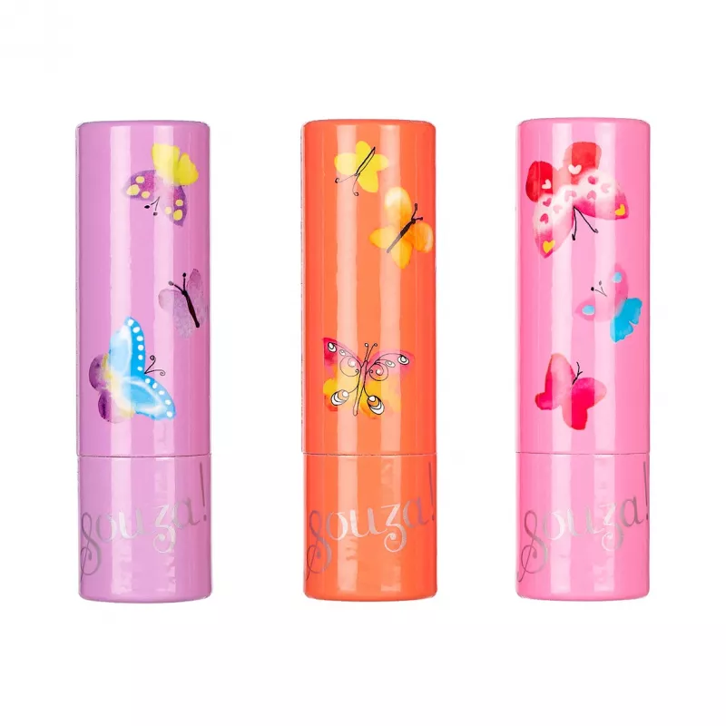Souza! Set de bálsamo labial infantil 3 piezas - diversos aromas frutales, hidratante, humectante, protector, dermatológicamente testado, sin parabenos, sin ftalatos, no tóxico, barra giratoria, estuche de regalo