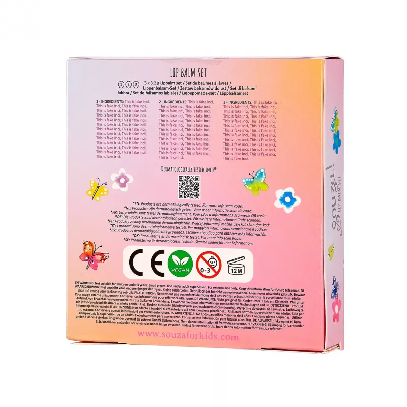 Souza! Set de bálsamo labial infantil 3 piezas - diversos aromas frutales, hidratante, humectante, protector, dermatológicamente testado, sin parabenos, sin ftalatos, no tóxico, barra giratoria, estuche de regalo