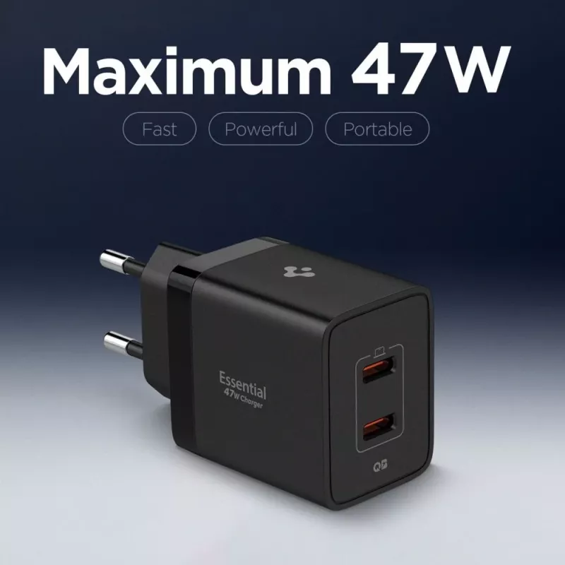 SPIGEN ESSENTIAL EE472EU Cargador de Red de 2 Puertos 47W Negro