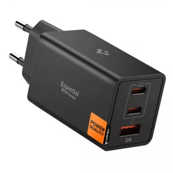 Spigen Essential EE673EU Cargador de Pared GaN 67W de 3 Puertos USB-C/USB-A Negro