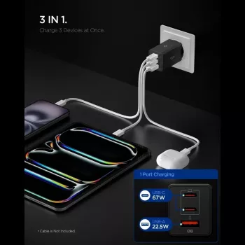 Spigen Essential EE673EU Cargador de Pared GaN 67W de 3 Puertos USB-C/USB-A Negro