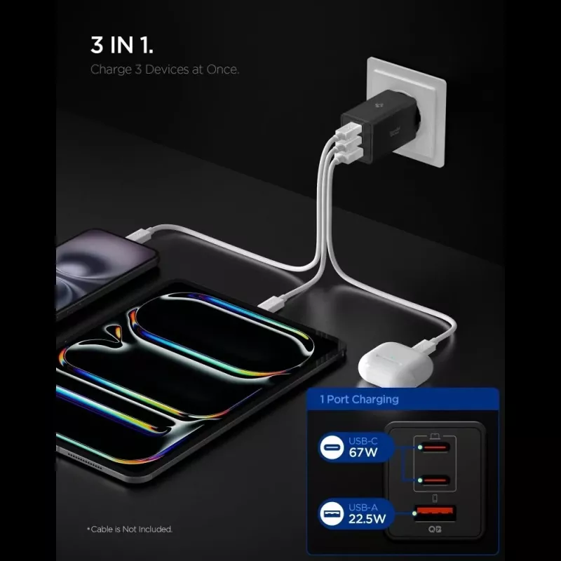 Spigen Essential EE673EU Cargador de Pared GaN 67W de 3 Puertos USB-C/USB-A Negro