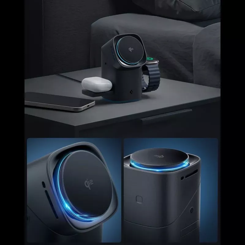 SPIGEN EF223MS Essential Cargador Inalámbrico Magnético Giratorio MagSafe 3 en 1 15W Qi2 Negro