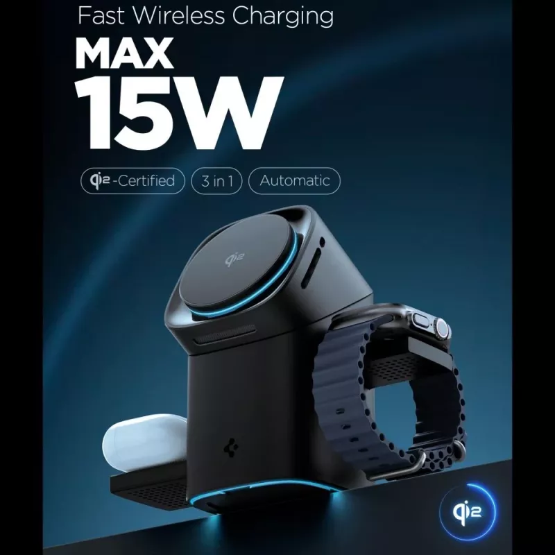 SPIGEN EF223MS Essential Cargador Inalámbrico Magnético Giratorio MagSafe 3 en 1 15W Qi2 Negro