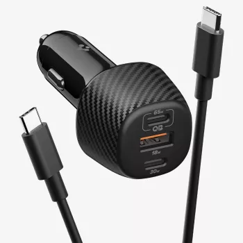 Spigen Essential EV1133 Cargador de Coche de 3 Puertos 113W Negro con Cable USB-C de 100W 1m
