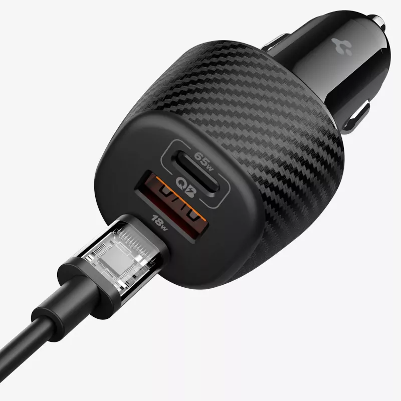 Spigen Essential EV1133 Cargador de Coche de 3 Puertos 113W Negro con Cable USB-C de 100W 1m