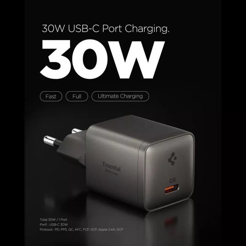 SPIGEN EE301EU-GAN Essential cargador de red de 1 puerto 30W Gris metalizado