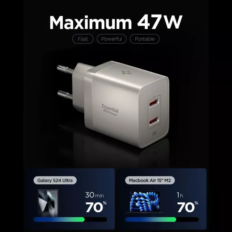 SPIGEN EE472EU-GAN Essential cargador de red de 2 puertos 47W Natural Titanium