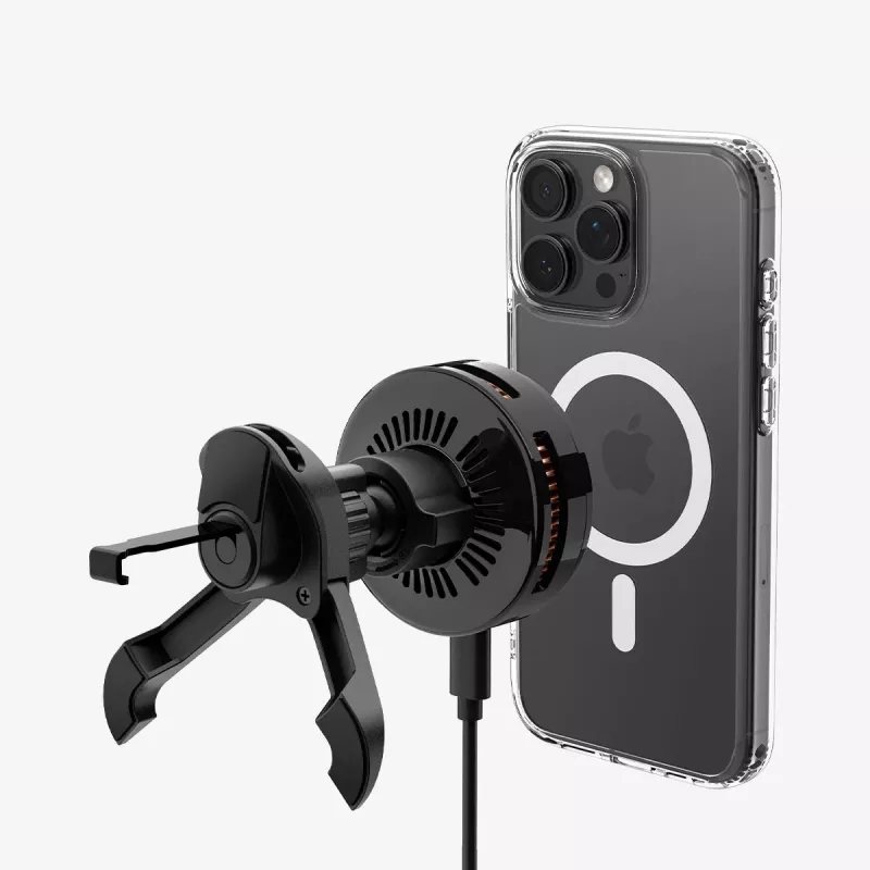 SPIGEN EV25MFAQ Essential soporte magnético para coche con rejilla Peltier MagSafe y cargador inalámbrico 25W Qi2.2 Black