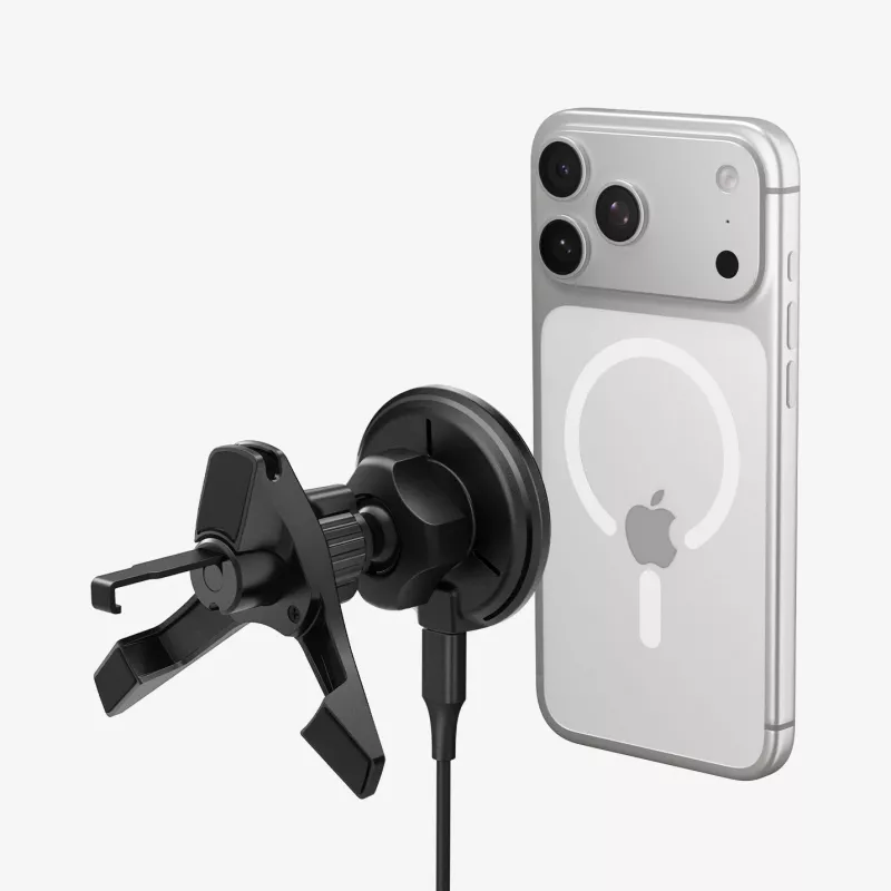 SPIGEN EV15MAQ Essential soporte magnético para coche con rejilla MagSafe y cargador inalámbrico 15W Qi2 negro