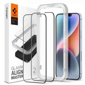 Spigen AlignMaster Glass Protector de pantalla de cobertura total para Apple iPhone 13/13 Pro/14/16E/17E Negro (pack de 2)