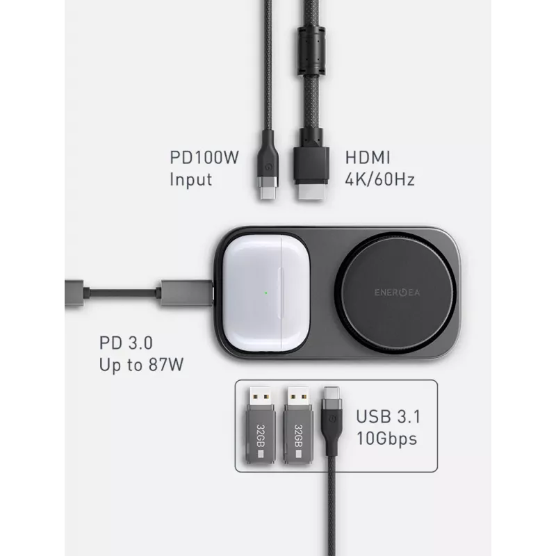 ENERGEA WiDock Plus 7-in-1 USB-C 3.1 Estación de acoplamiento con carga inalámbrica Qi2, Graphite