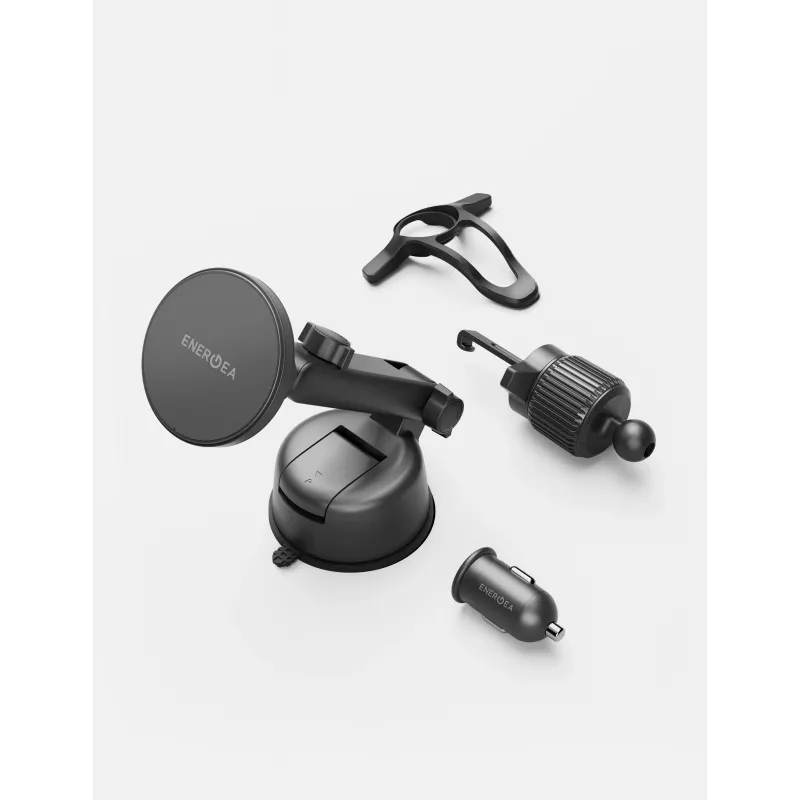 ENERGEA MagdriveKit 15W Soporte para coche – Estación de carga inalámbrica magnética para parabrisas, salpicadero, rejilla de ventilación – negro