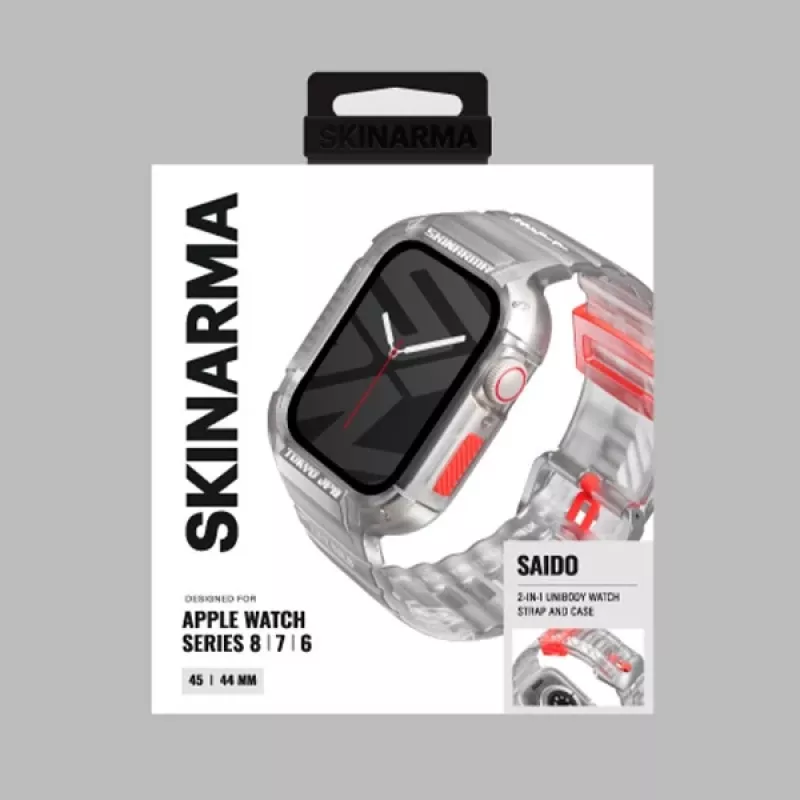 SKINARMA Saido Funda y correa 2 en 1 para Apple Watch 45/44mm, Clear/Transparente