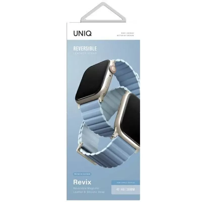 UNIQ Revix Correa de Piel Magnética Reversible Edición Premium para Apple Watch Series 1/2/3/4/5/6/7/8/9/SE/SE2/SE3 38/40/41mm Arctic Blue/Soft Blue