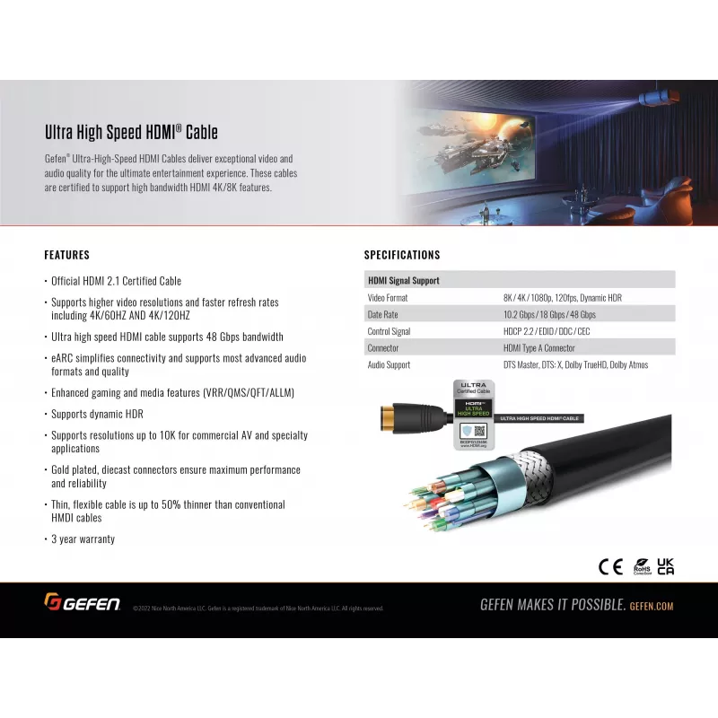 Gefen GEF-CAB-HS-HDMI-15M Cable HDMI 2.1 15m 48Gbit/s 8K 4K HDR eARC Negro