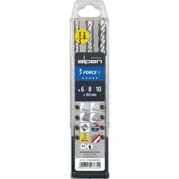 Alpen SDS+ FORCE X set de brocas para martillo, pack de 3, 6-8-10 x 160 mm, 4 cortes, carburo