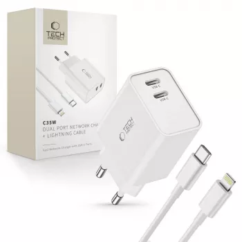 TECH-PROTECT C35W cargador de red de 2 puertos PD 35W + cable Lightning blanco