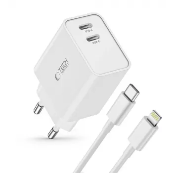 TECH-PROTECT C35W cargador de red de 2 puertos PD 35W + cable Lightning blanco