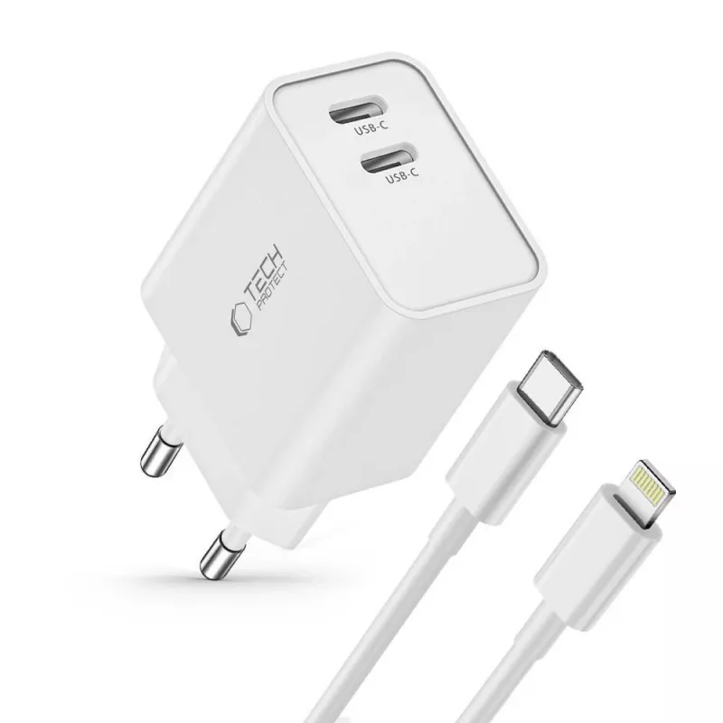 TECH-PROTECT C35W cargador de red de 2 puertos PD 35W + cable Lightning blanco