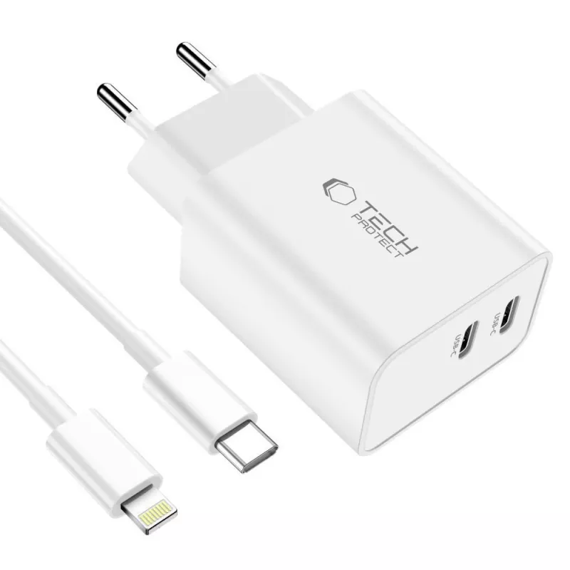 TECH-PROTECT C35W cargador de red de 2 puertos PD 35W + cable Lightning blanco