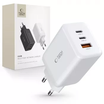 TECH-PROTECT C65W cargador de red de 3 puertos PD 65W / QC3.0 blanco
