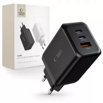 TECH-PROTECT C65W cargador de red de 3 puertos PD 65W / QC3.0 negro