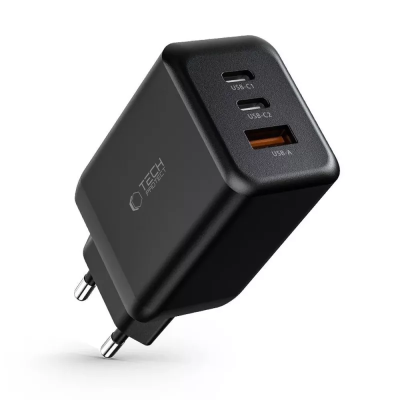 TECH-PROTECT C65W cargador de red de 3 puertos PD 65W / QC3.0 negro