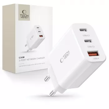 Tech-Protect NC30W cargador de pared USB-C y USB-A de 3 puertos 30W blanco