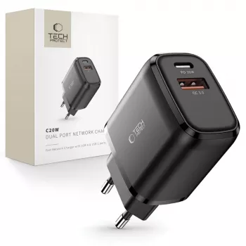 TECH-PROTECT C20W Cargador de Red de 2 Puertos PD20W/QC3.0 Negro
