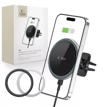 TECH-PROTECT A2 Soporte de Coche Magnético MagSafe para Rejilla de Ventilación con Cargador Inalámbrico 15W Negro