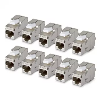 StarTech.com Módulo Keystone Cat6a blindado, Pack de 10 Acoplador RJ45 Ethernet, Toma de pared STP Cat6a, 180 grados, sin herramientas, plano, plata
