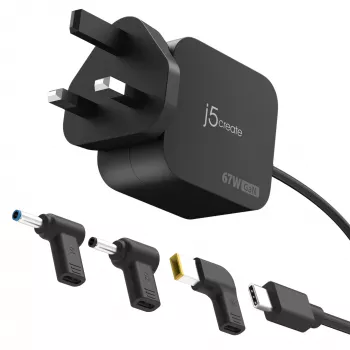 J5CREATE cargador mini GaN PD USB-C 67W con 3 tipos de conectores DC